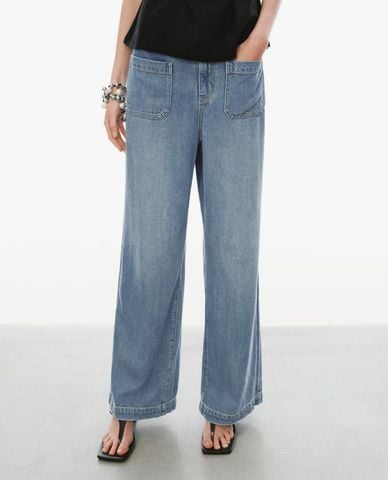  URBAN REVIVO - Quần jeans nữ ống rộng phối túi hộp 