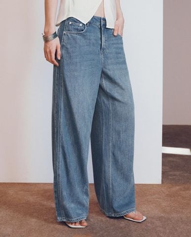 URBAN REVIVO - Quần jeans nữ ống rộng wash bạc 