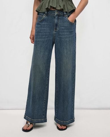  URBAN REVIVO - Quần jeans nữ ống rộng wash bạc 