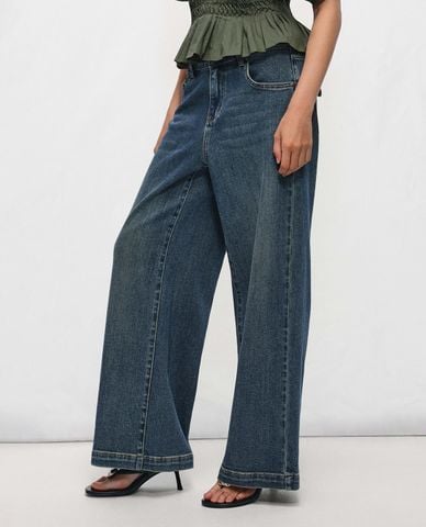  URBAN REVIVO - Quần jeans nữ ống rộng wash bạc 