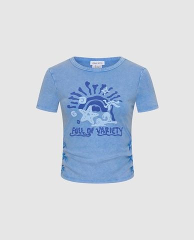  URBAN REVIVO - Áo croptop nữ cổ tròn tay ngắn nhún eo 