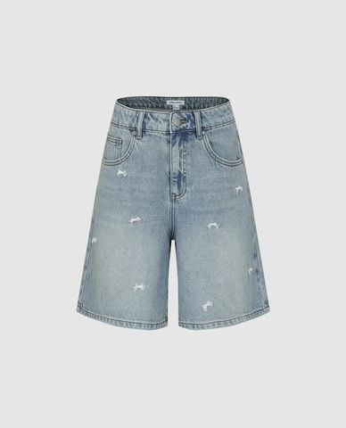  URBAN REVIVO - Quần short jeans nữ wash bạc đính nơ 
