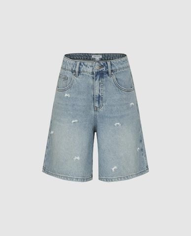  URBAN REVIVO - Quần short jeans nữ wash bạc đính nơ 
