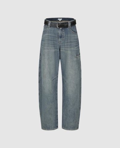  URBAN REVIVO - Quần jeans nữ ống rộng phối thắt lưng 