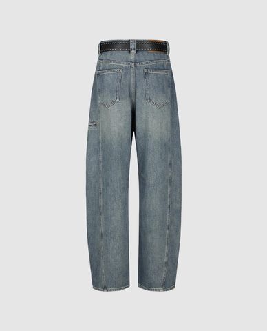  URBAN REVIVO - Quần jeans nữ ống rộng phối thắt lưng 