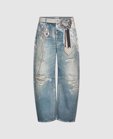  URBAN REVIVO - Quần jeans nữ ống rộng phối phụ kiện 