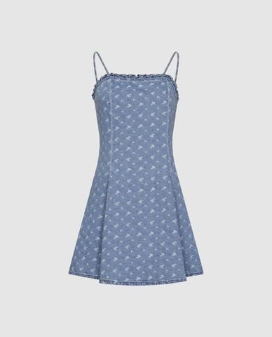  URBAN REVIVO - Đầm hai dây mini denim in hoa 
