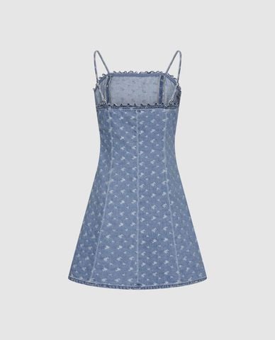  URBAN REVIVO - Đầm hai dây mini denim in hoa 