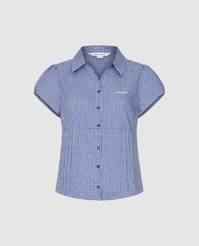  URBAN REVIVO - Áo sơ mi nữ cổ bẻ tay ngắn phối sọc 