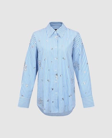  URBAN REVIVO - Áo sơ mi nữ cổ bẻ tay dài kẻ sọc đính sequin 