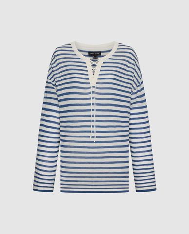  URBAN REVIVO - Áo dệt kim nữ tay dài kẻ sọc phối dây đan 