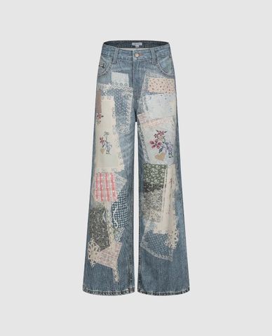  URBAN REVIVO - Quần jeans nữ ống rộng phối họa tiết 