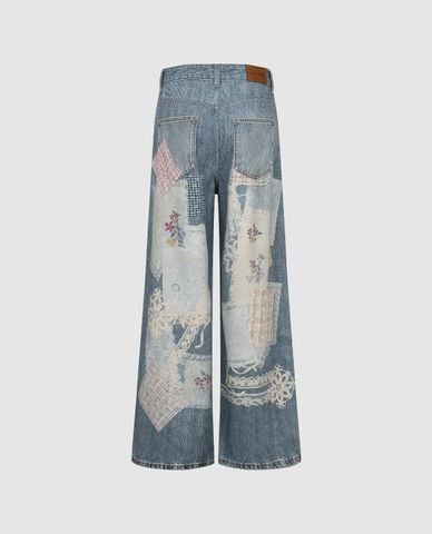  URBAN REVIVO - Quần jeans nữ ống rộng phối họa tiết 