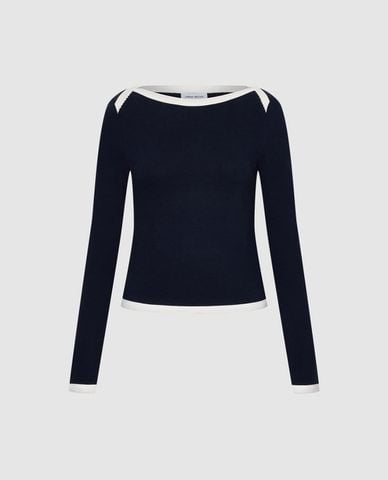  URBAN REVIVO - Áo thun nữ cổ thuyền tay dài phối viền 