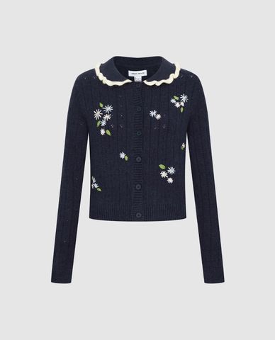  URBAN REVIVO - Áo khoác cardigan nữ cổ tròn tay dài thêu hoa 