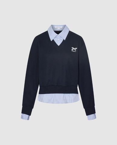  URBAN REVIVO - Áo sweatshirt nữ tay dài phối sơ mi kẻ sọc 