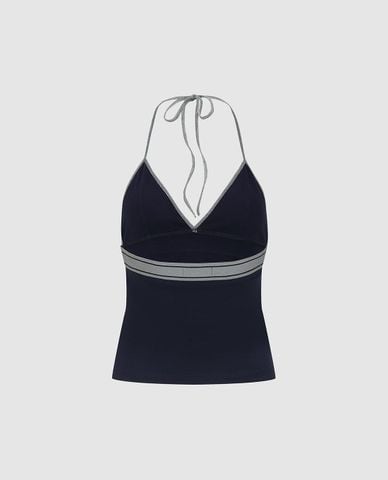  URBAN REVIVO - Áo kiểu nữ cổ yếm phối viền 