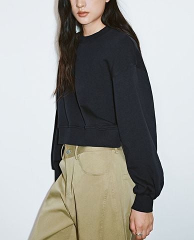  URBAN REVIVO - Áo kiểu nữ cổ tròn tay dài phối dây rút 