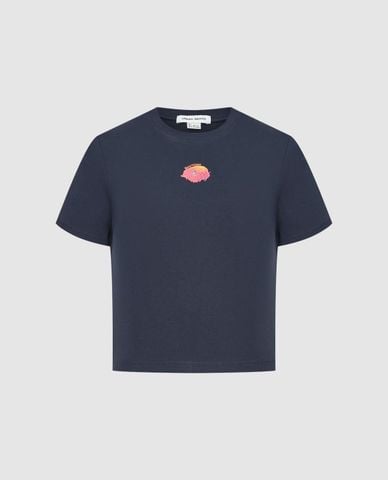  URBAN REVIVO - Áo croptop nữ cổ tròn tay ngắn in họa tiết 