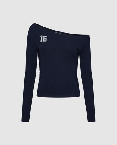  URBAN REVIVO - Áo trễ vai nữ tay dài in số phom ôm 