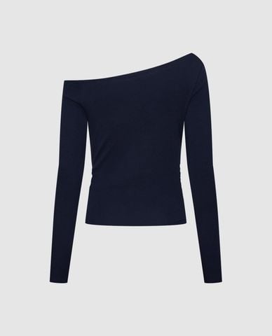  URBAN REVIVO - Áo trễ vai nữ tay dài in số phom ôm 