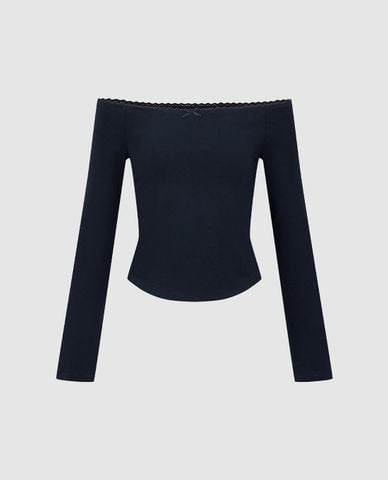  URBAN REVIVO - Áo trễ vai nữ tay dài phom ôm phối nơ 