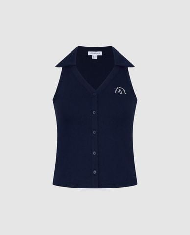  URBAN REVIVO - Áo sát nách nữ dệt kim cổ bẻ phối họa tiết 