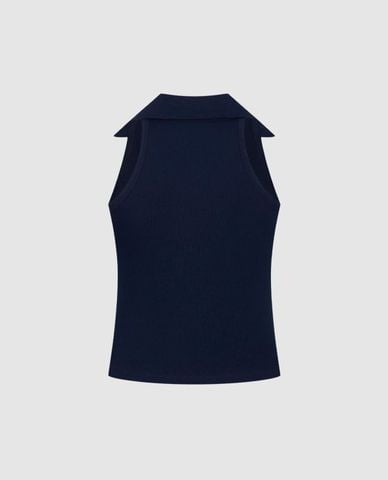  URBAN REVIVO - Áo sát nách nữ dệt kim cổ bẻ phối họa tiết 