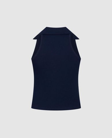  URBAN REVIVO - Áo sát nách nữ dệt kim cổ bẻ phối họa tiết 