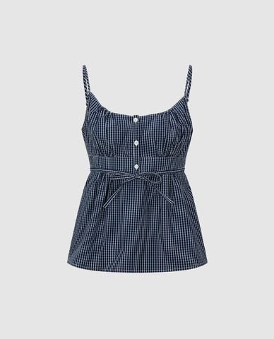  URBAN REVIVO - Áo hai dây nữ cổ vuông kẻ caro 