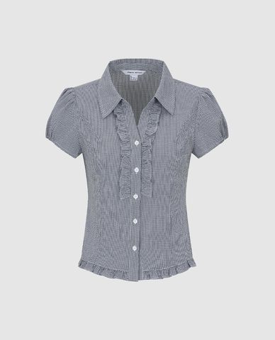  URBAN REVIVO - Áo sơ mi nữ cổ bẻ tay phồng phối bèo 