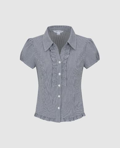  URBAN REVIVO - Áo sơ mi nữ cổ bẻ tay phồng phối bèo 