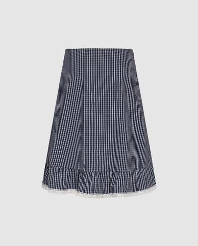  URBAN REVIVO - Chân váy chữ A midi kẻ caro phối bèo 