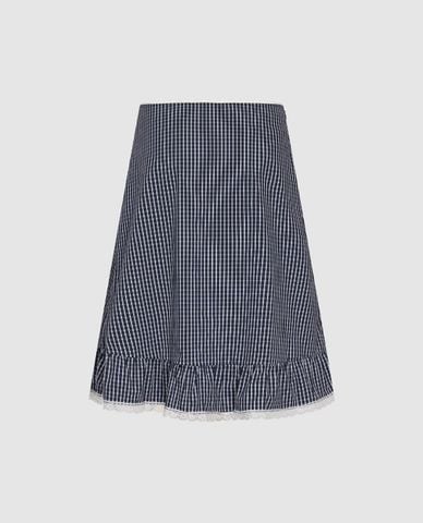  URBAN REVIVO - Chân váy chữ A midi kẻ caro phối bèo 