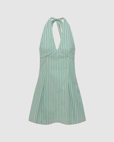  URBAN REVIVO - Đầm mini cổ yếm họa tiết kẻ sọc 