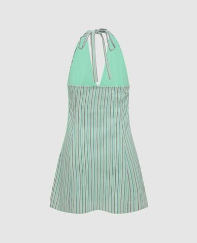  URBAN REVIVO - Đầm mini cổ yếm họa tiết kẻ sọc 