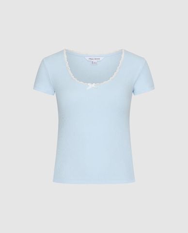  URBAN REVIVO - Áo thun nữ cổ tròn viền bèo đính nơ 