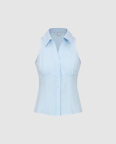  URBAN REVIVO - Áo kiểu nữ sát nách cổ V kẻ sọc phom ôm 