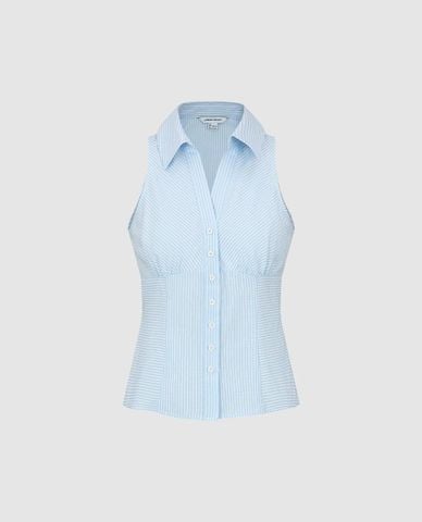  URBAN REVIVO - Áo kiểu nữ sát nách cổ V kẻ sọc phom ôm 