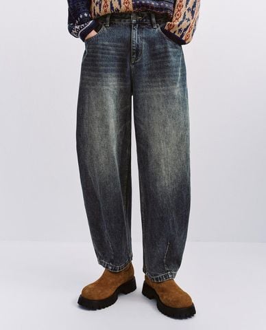  URBAN REVIVO - Quần jeans nam ống rộng wash bạc 