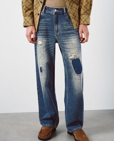  URBAN REVIVO - Quần jeans nam ống đứng patchwork 