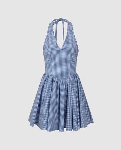  URBAN REVIVO - Đầm mini cổ yếm dáng xòe họa tiết caro 