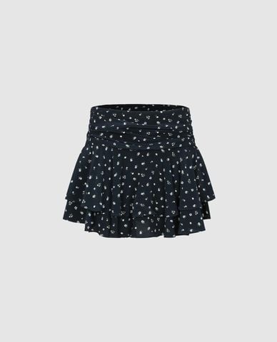 URBAN REVIVO - Chân váy xếp tầng mini phối bèo in hoa 