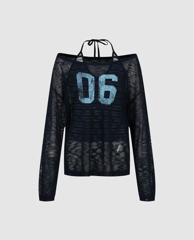  URBAN REVIVO - Áo dệt kim nữ cổ thuyền xuyên thấu in số 