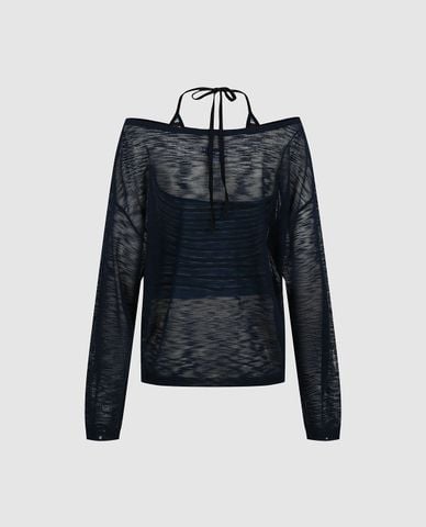  URBAN REVIVO - Áo dệt kim nữ cổ thuyền xuyên thấu in số 