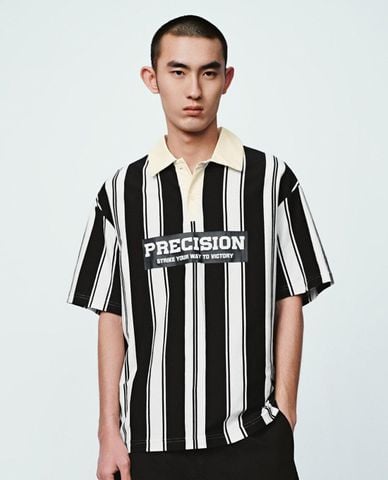  URBAN REVIVO - Áo polo nam cổ tròn tay ngắn phối sọc 