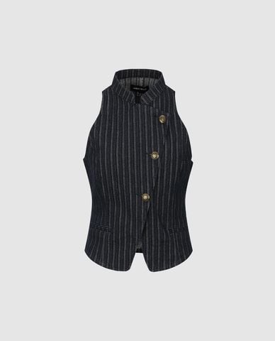  URBAN REVIVO - Áo sát nách denim nữ cổ trụ kẻ sọc 
