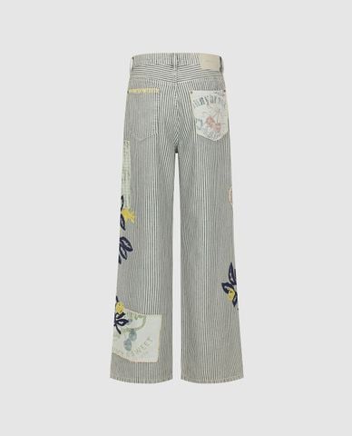  URBAN REVIVO - Quần jeans nữ ống rộng kẻ sọc thêu họa tiết 
