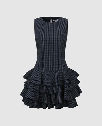  URBAN REVIVO - Đầm xếp tầng mini sát nách kẻ caro 