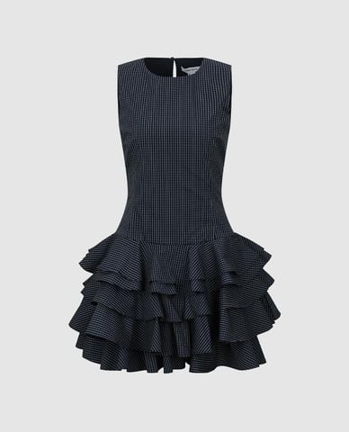  URBAN REVIVO - Đầm xếp tầng mini sát nách kẻ caro 